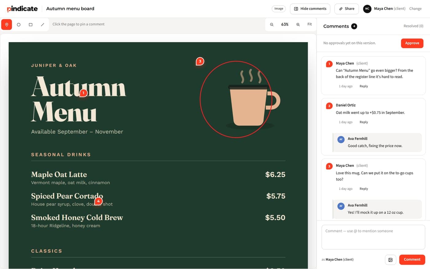 Pindicate review page with client comments pinned on a design