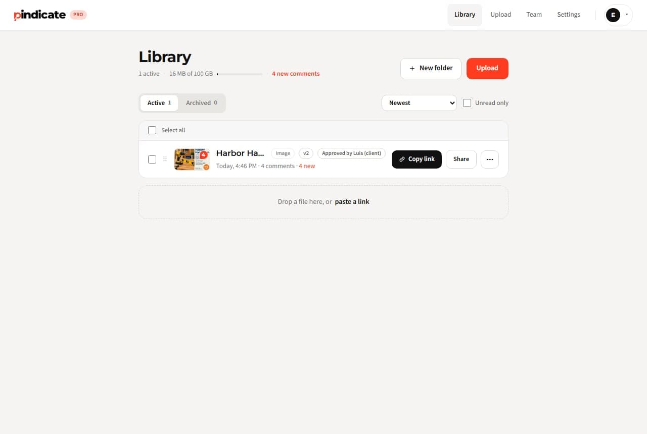 A library row for a postcard review, with its comment count and status