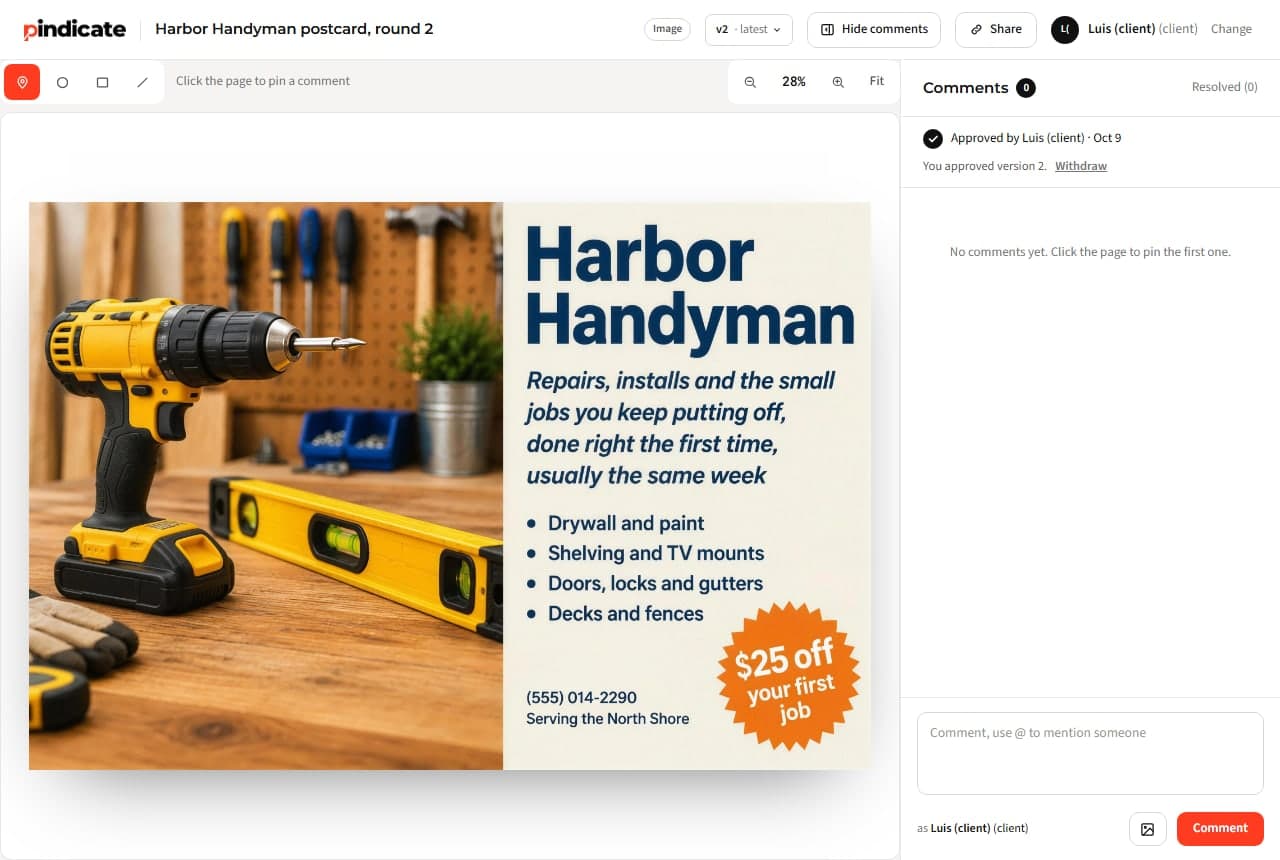 Version 2 of a postcard on the same review link, with the approval state shown