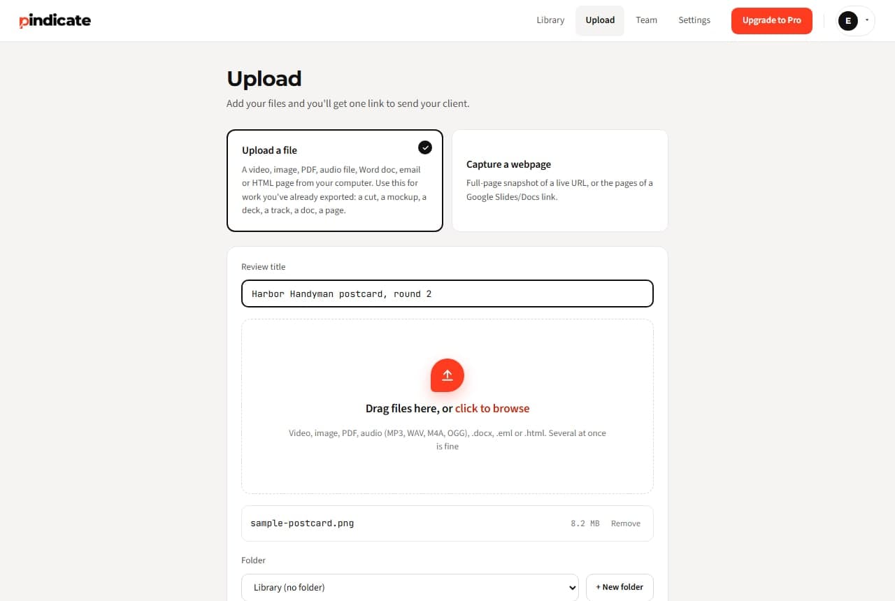 The upload page with a postcard PNG queued