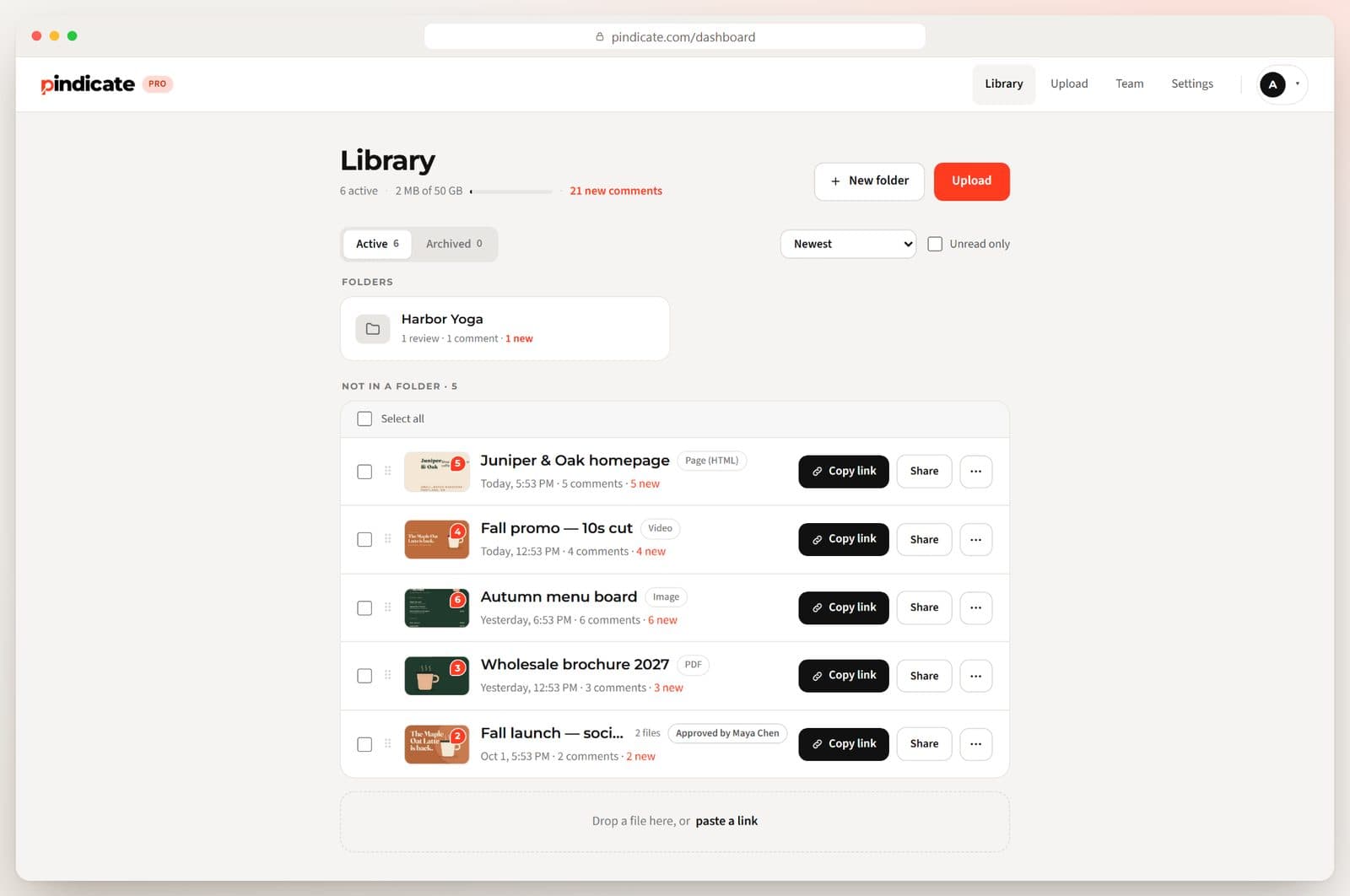 The library: a client folder, reviews with new-comment counts, and an Approved by Maya Chen badge
