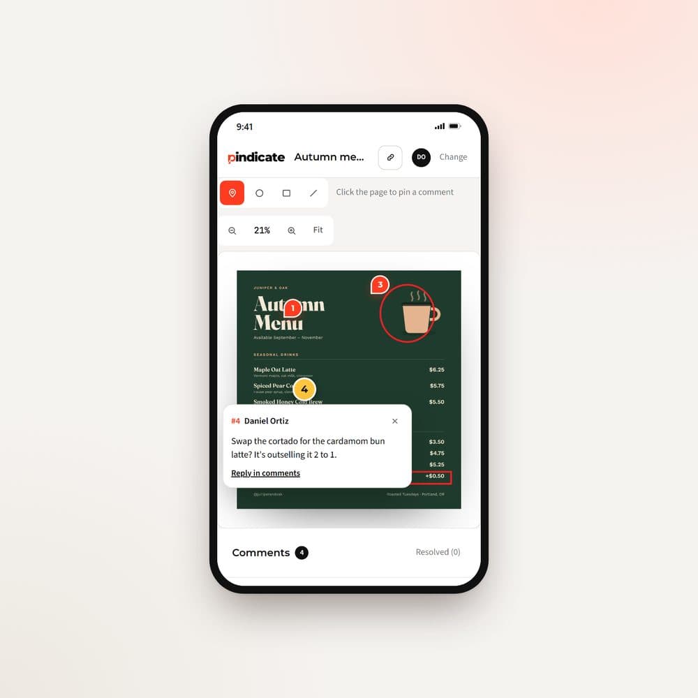 A client's phone showing the menu design with pins and a comment open at pin 4