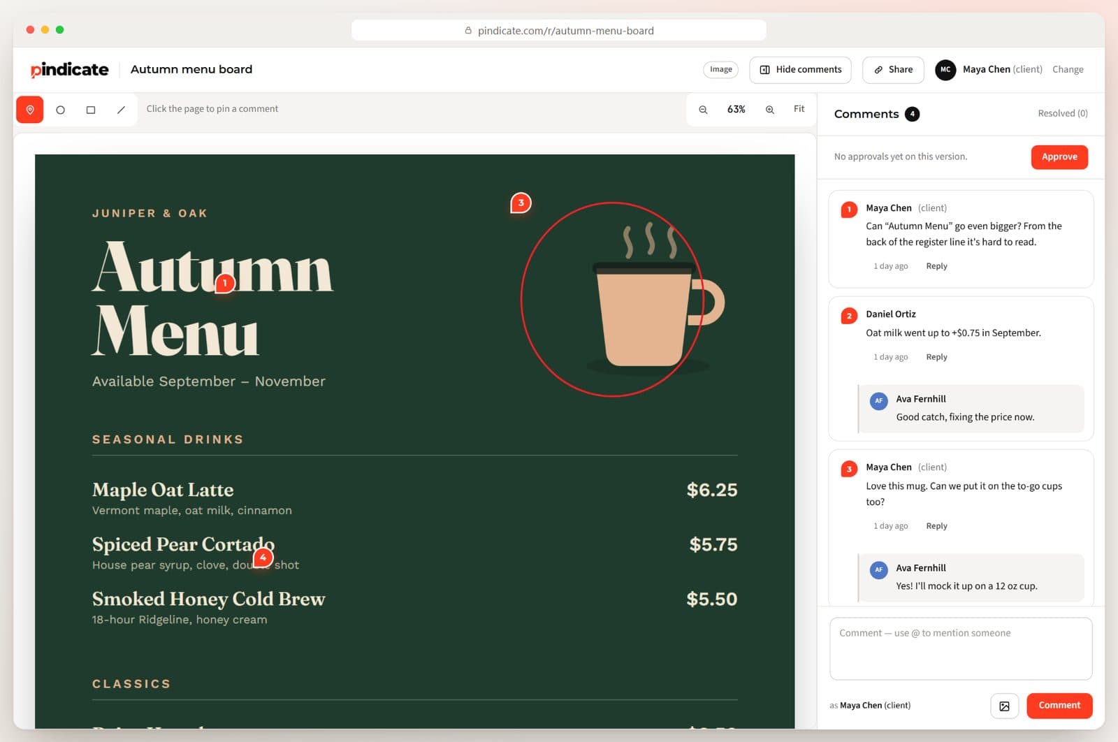 An autumn menu design with four numbered pins, a circle around the mug, and the client's comments with a designer reply