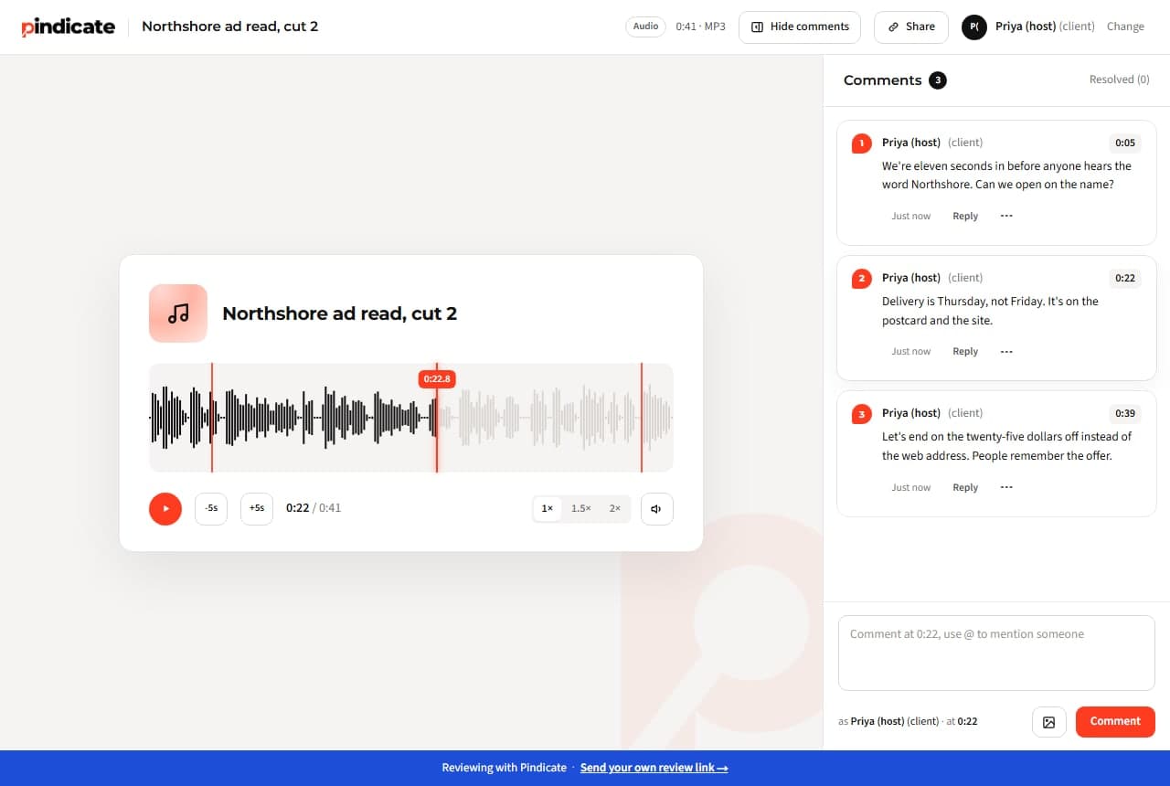 An audio review with one comment selected and the playhead at its second