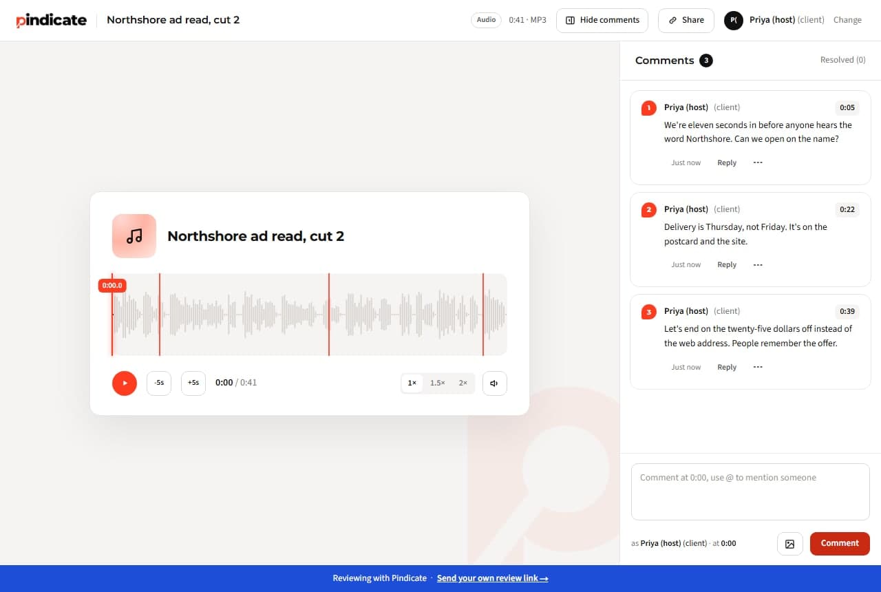 An audio review with a waveform, three tick marks and the timestamped comments beside it