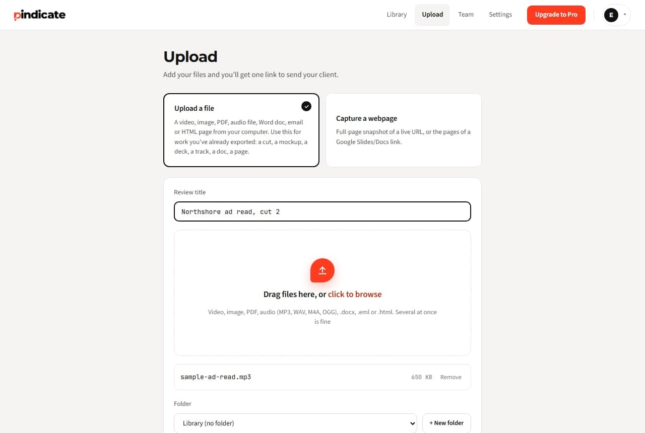 The upload page with an ad read MP3 queued