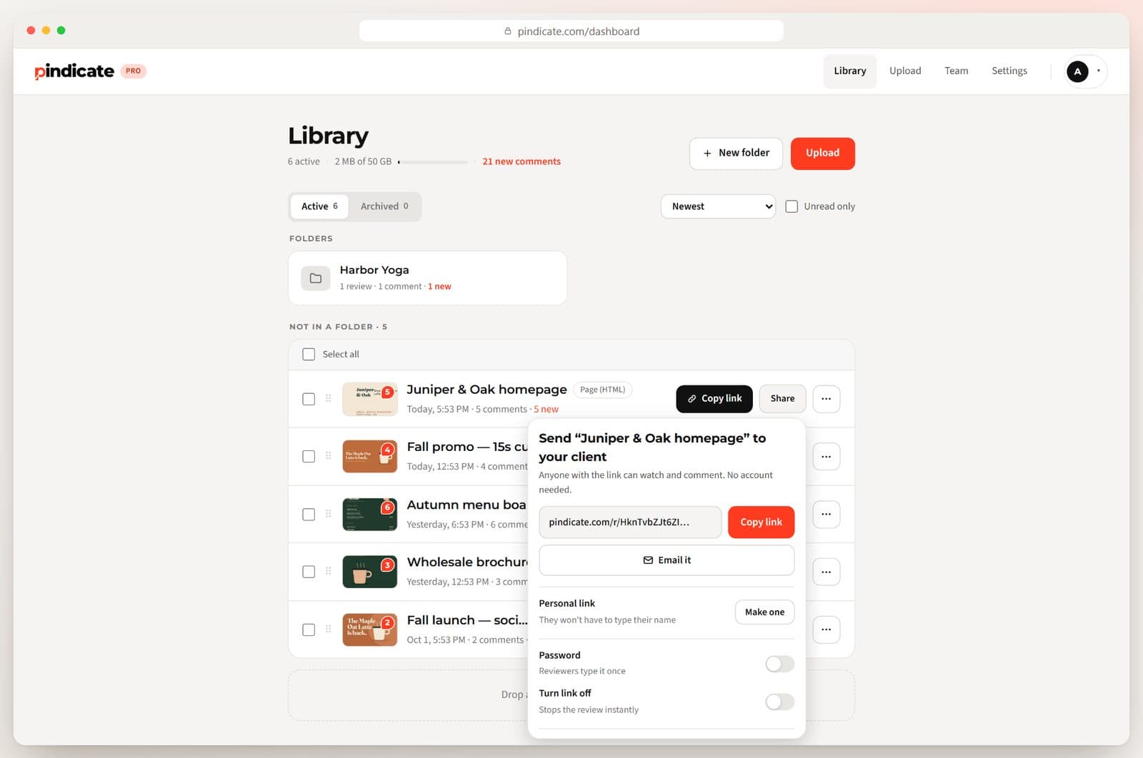 The share panel with Copy link, Email it, Personal link, Password and Turn link off