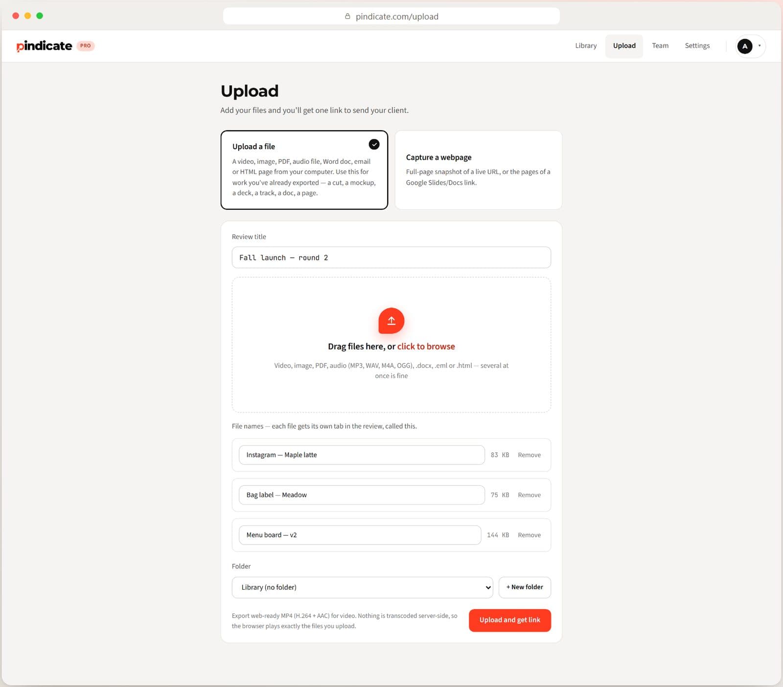 The upload screen for Fall launch round 2, with three files named Instagram Maple latte, Bag label Meadow, and Menu board v2