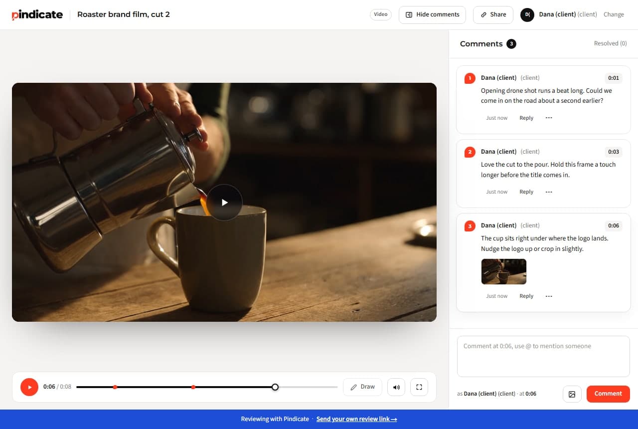 A paused video frame with a red circle drawn around a lower third, and the comment about it in the sidebar