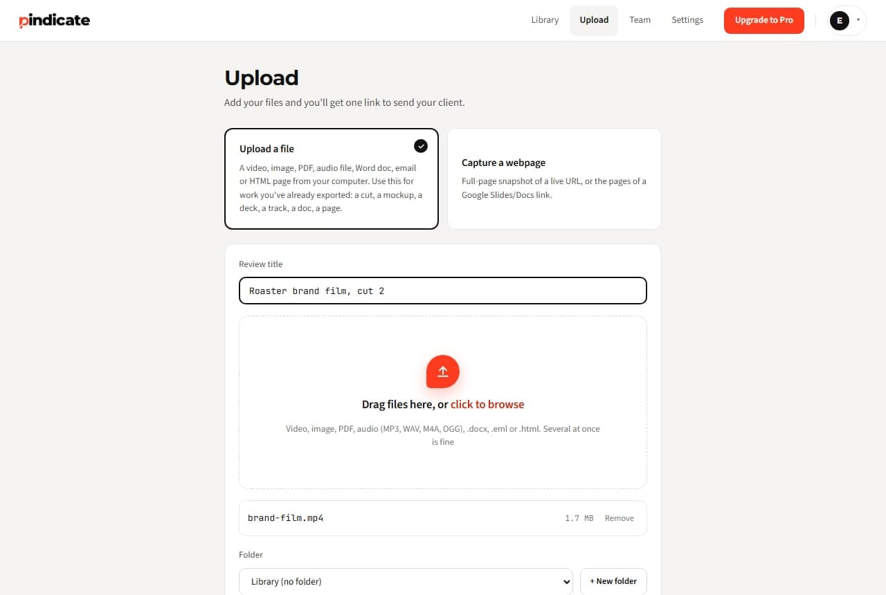 The upload form with an MP4 queued and the note about exporting a web-ready file