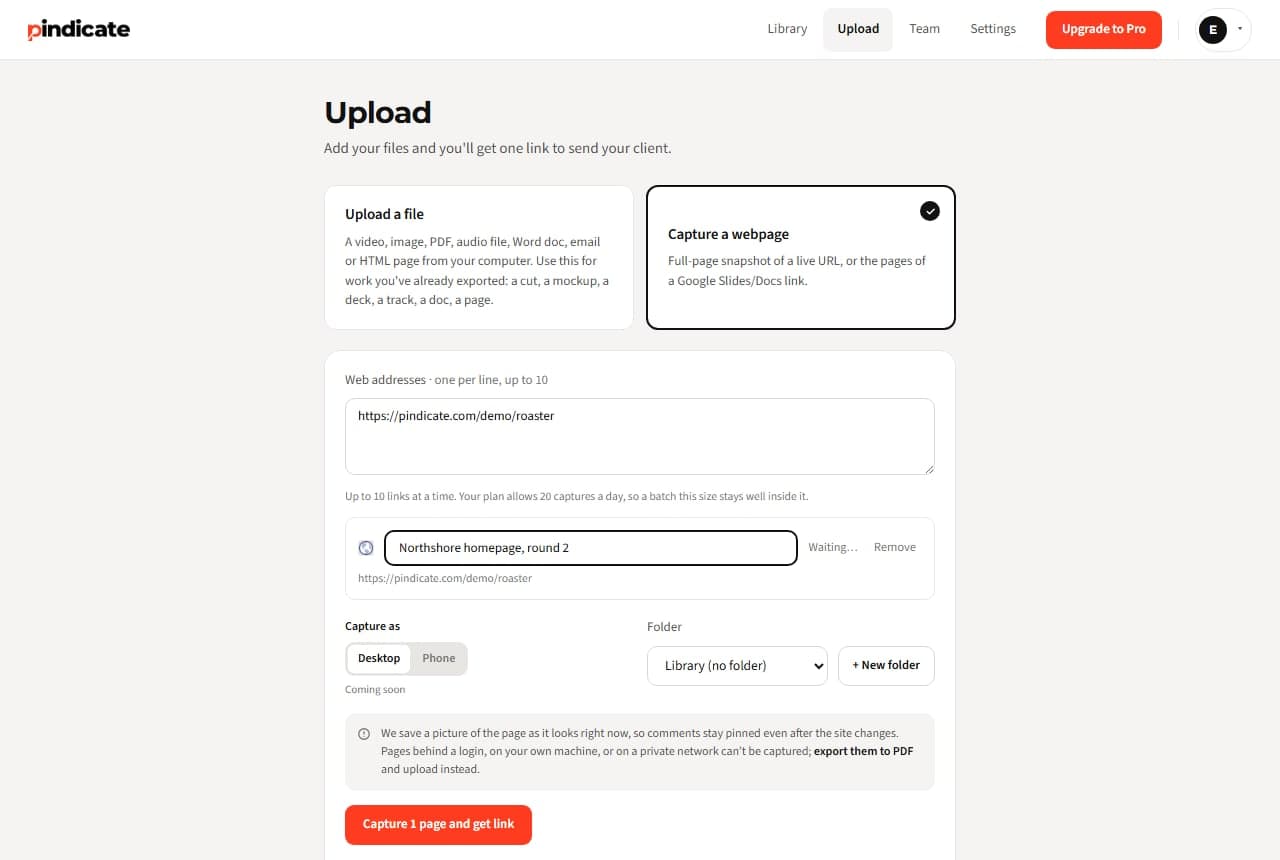 The upload page with Capture a webpage selected and a URL pasted in