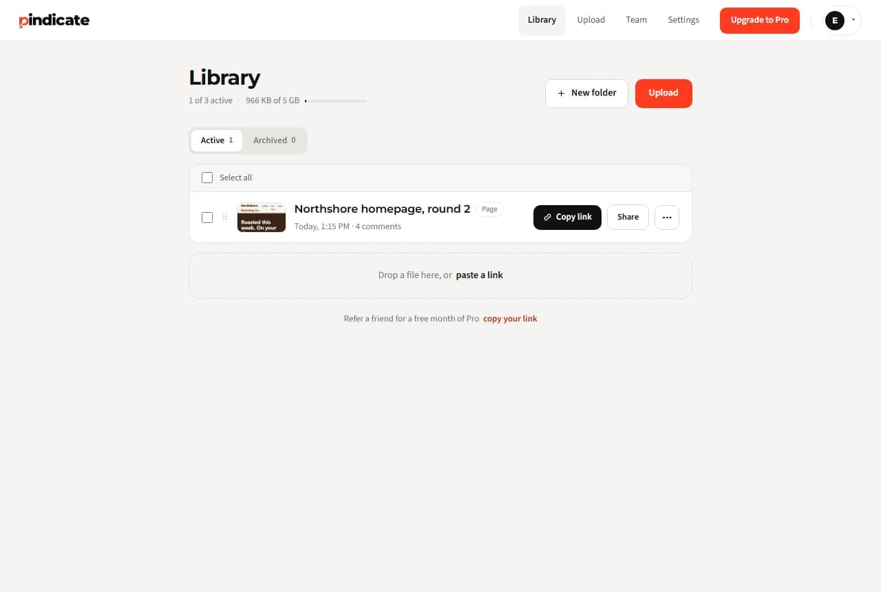 A library row for a captured web page, with its comment count and status