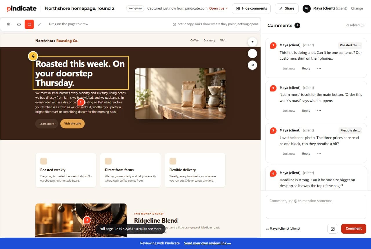 A captured web page with a rectangle drawn around the hero headline and its comment in the sidebar
