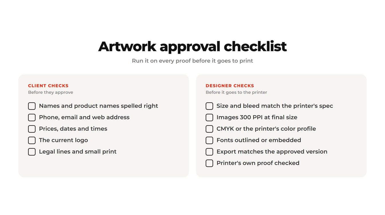 Artwork approval checklist with client checks on the left and designer checks on the right