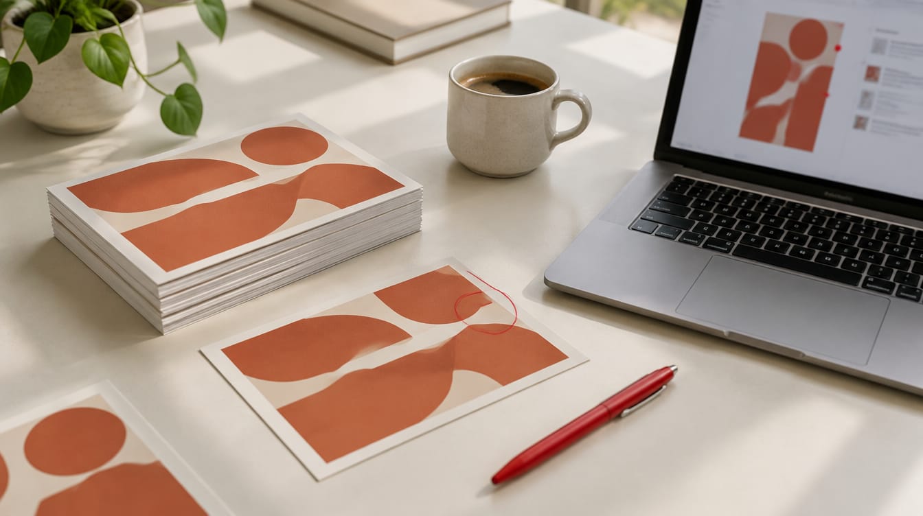 Printed postcard proofs on a desk, one circled in red pen, next to a laptop showing comments on the design