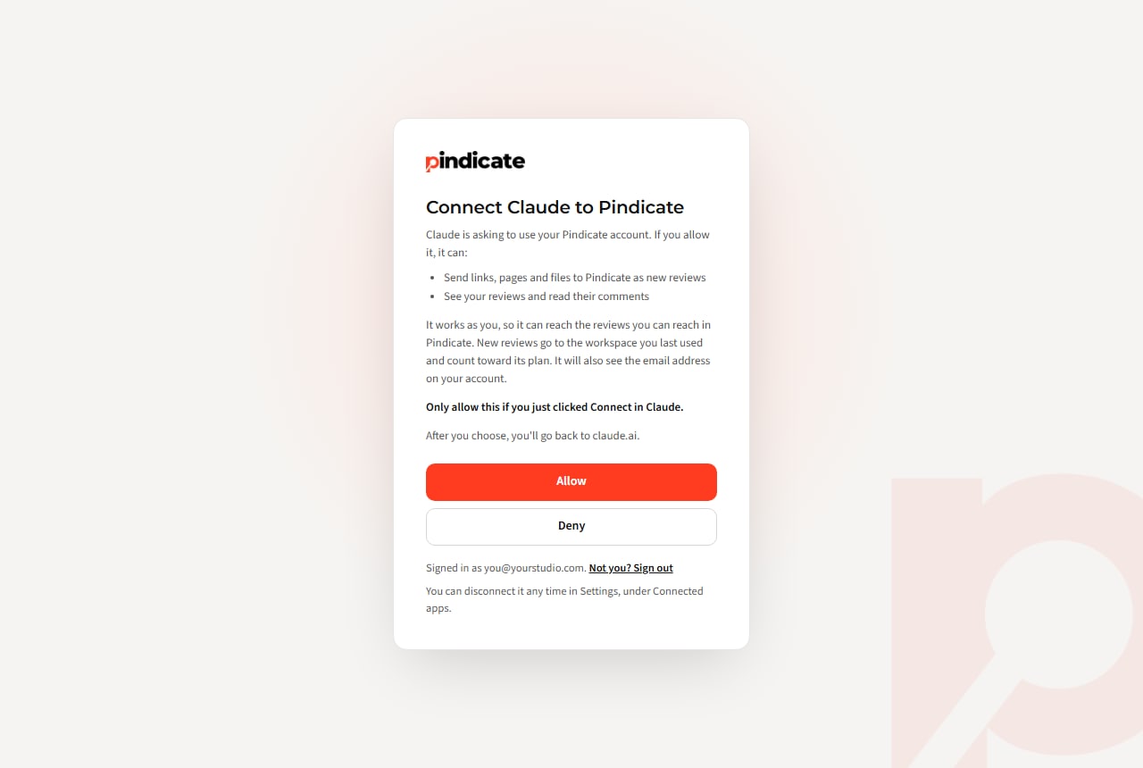 Pindicate's Allow page asking to connect Claude, listing what it can do, with Allow and Deny buttons