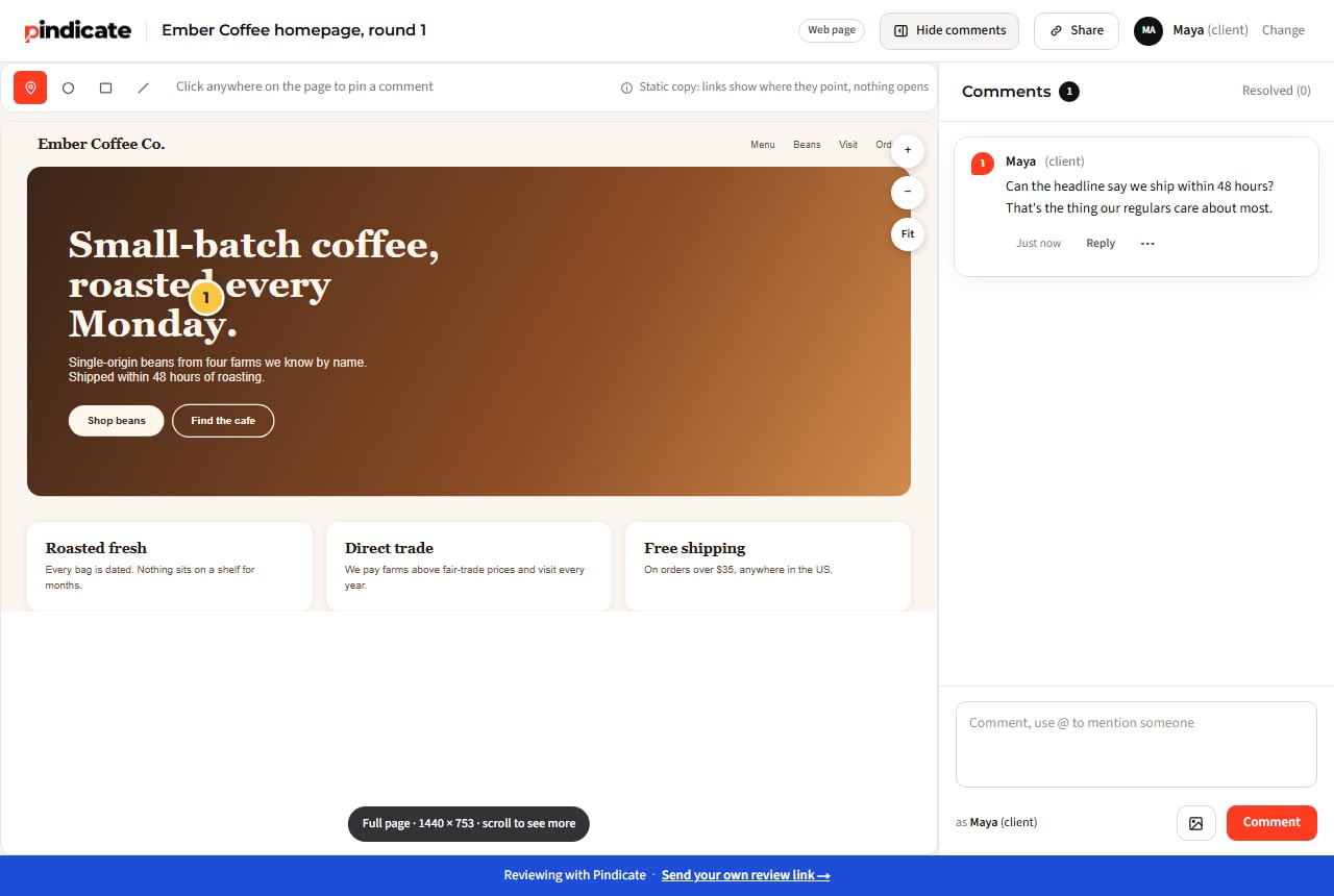 A client's pinned comment on a homepage review in Pindicate, asking to put 48-hour shipping in the headline
