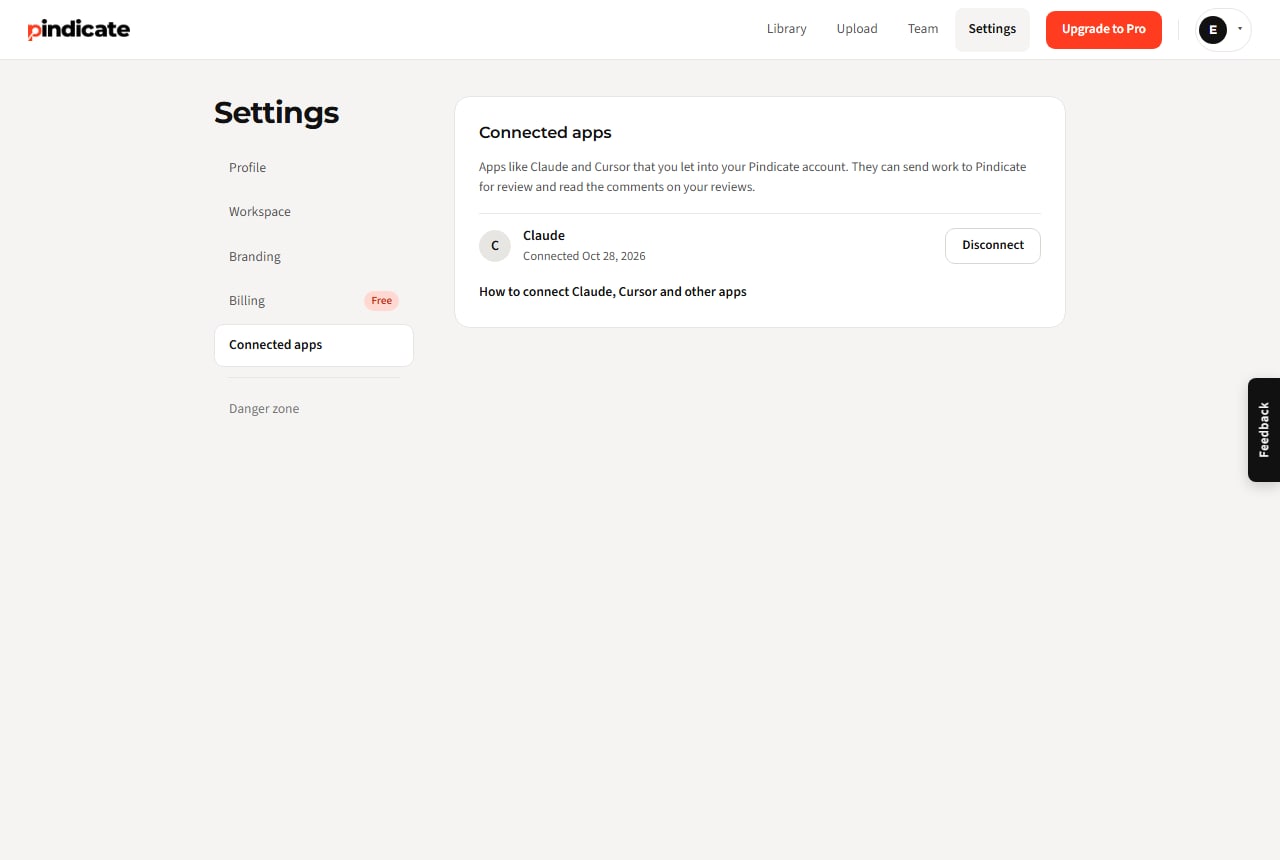 Pindicate's Settings page, Connected apps tab, showing Claude with a Disconnect button