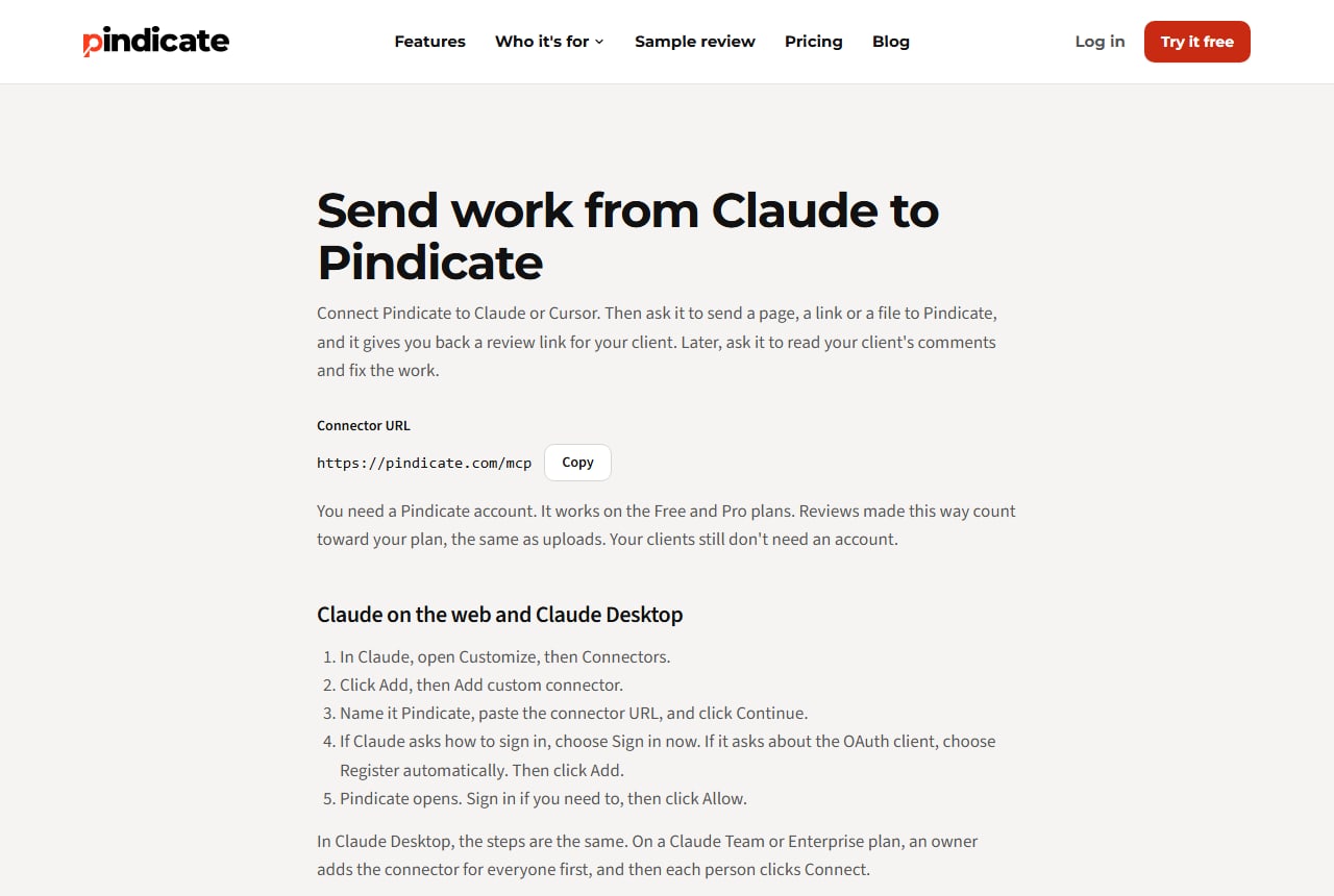 Pindicate's setup page with the connector URL https://pindicate.com/mcp and a Copy button