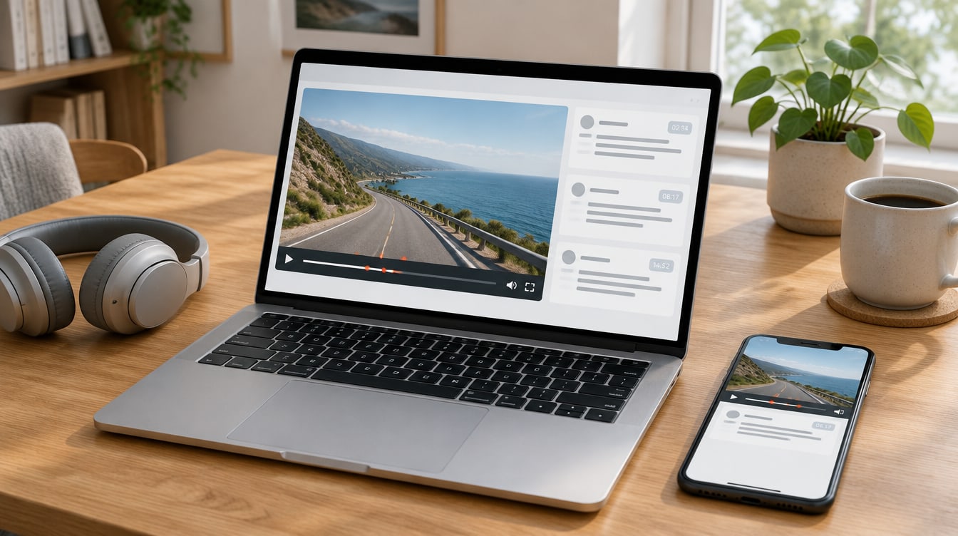 A video review on a laptop and a phone, with comments marked along the timeline