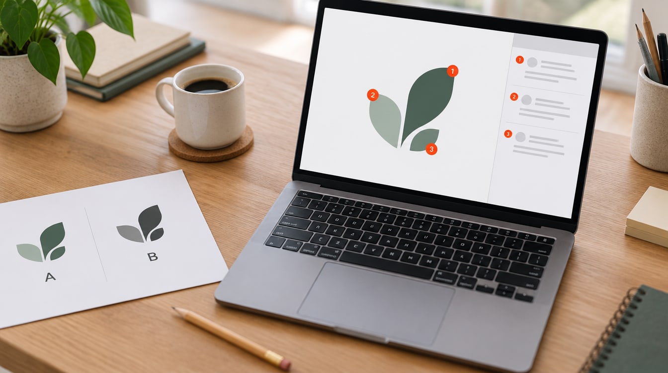 A logo design on screen with three comment pins marking specific feedback