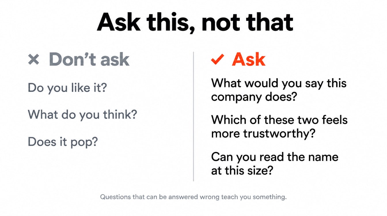 Infographic comparing vague logo feedback questions with specific ones