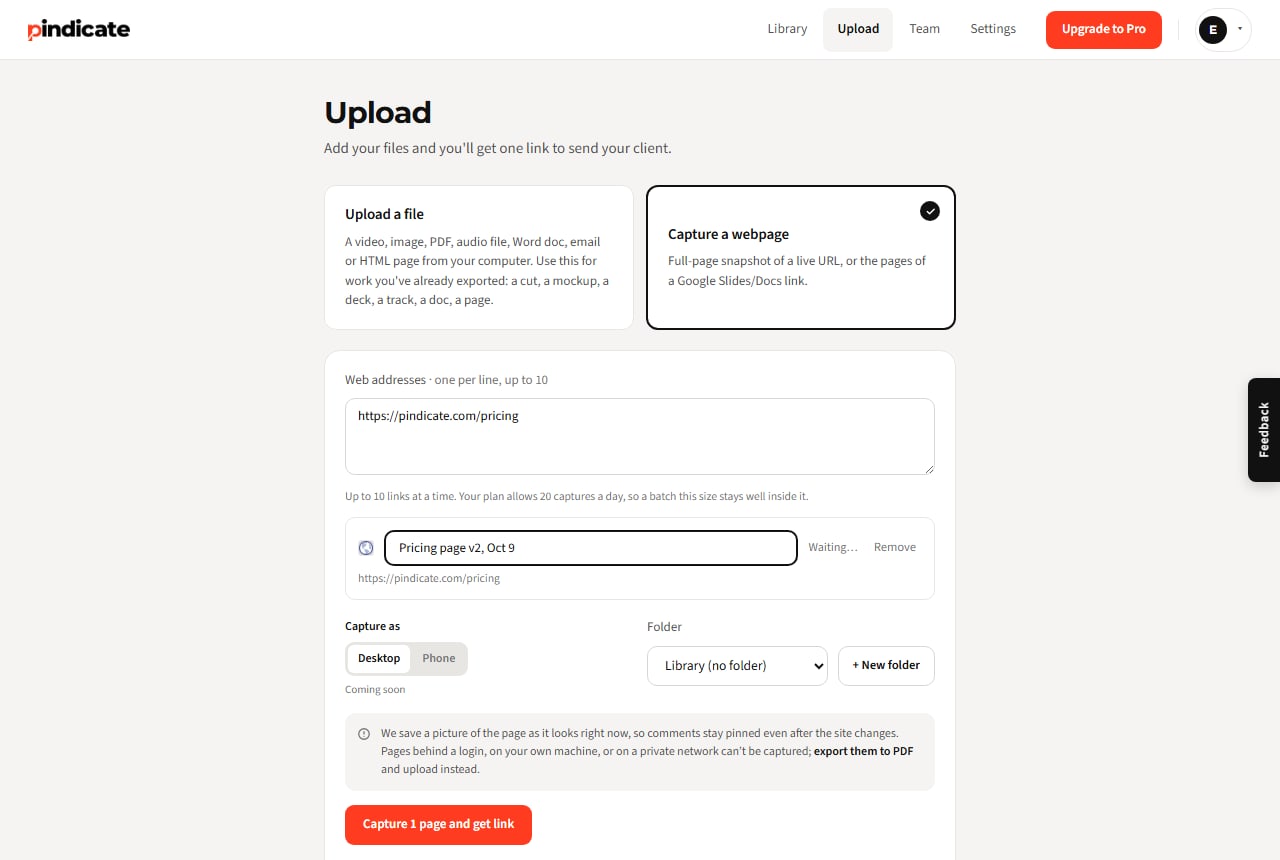 The Pindicate upload page with the Capture a webpage option selected and a URL entered