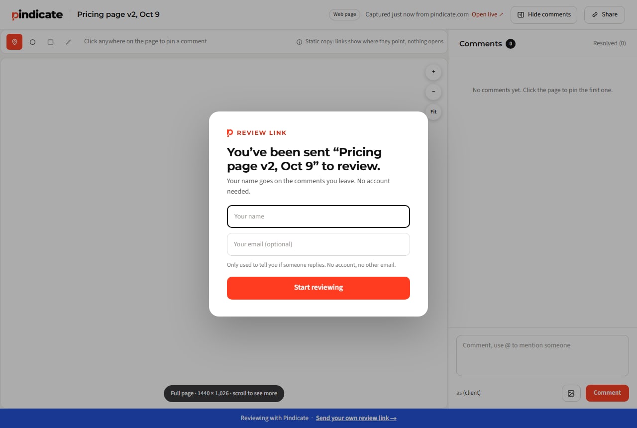 The review page asking the reviewer only for a name, no account