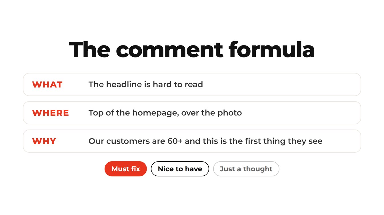 Card showing the what, where, why comment formula with an example