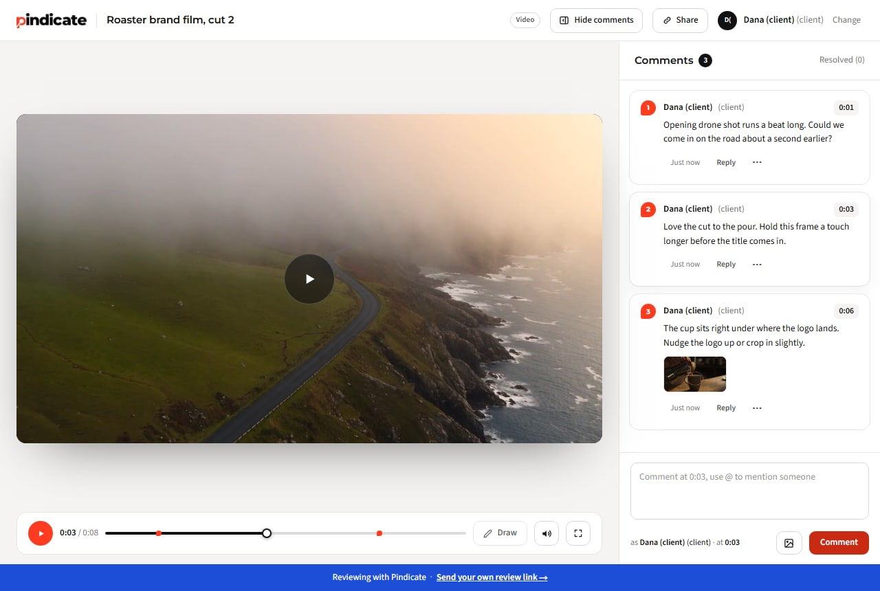 A client's view of a Pindicate video review with timestamped comments